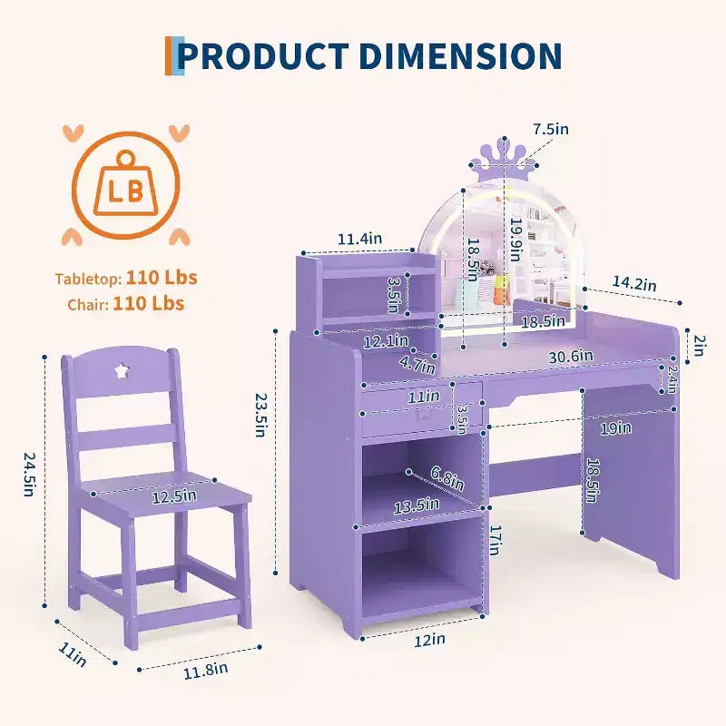 Coiffeuse 2-en-1 pour enfants avec tabouret, miroir réglable et rangement, table de maquillage pour salle de jeux pour tout-petits et petites filles, assemblage facile et design sûr