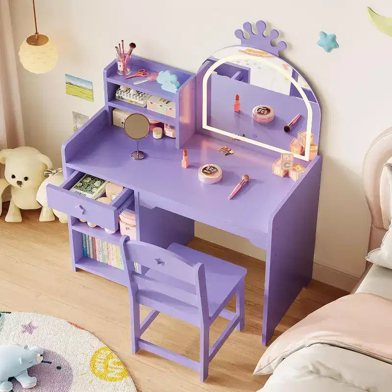 Coiffeuse 2-en-1 pour enfants avec tabouret, miroir réglable et rangement, table de maquillage pour salle de jeux pour tout-petits et petites filles, assemblage facile et design sûr