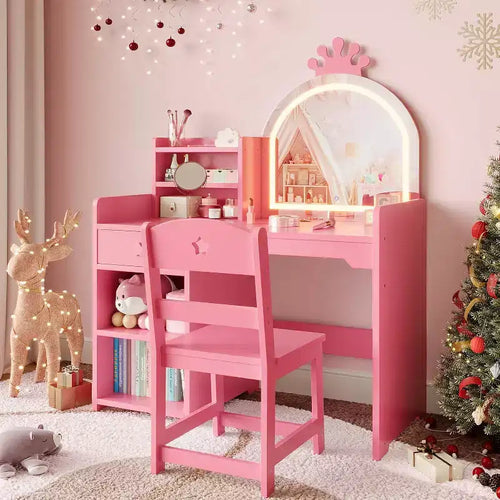2-in-1 Kids Vanity Set with Stool, Adjustable Mirror and Storage, Playroom Makeup Desk for Toddlers and Little Girls, Easy Assembly Safe Design
