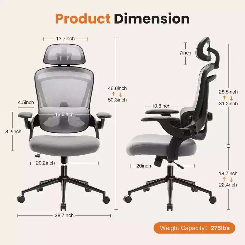 Chaise de bureau à roulettes TUYOHW en maille croisée, chaise de bureau avec support lombaire et appui-tête réglables, chaise de gaming avec accoudoirs relevables souples pour le bureau
