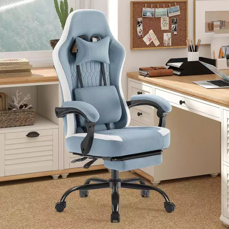 TUYOHW Fauteuil de bureau en microfibre pivotant à roulettes, avec appui-tête et coussin lombaire amovibles, chaise de jeu pour bureau