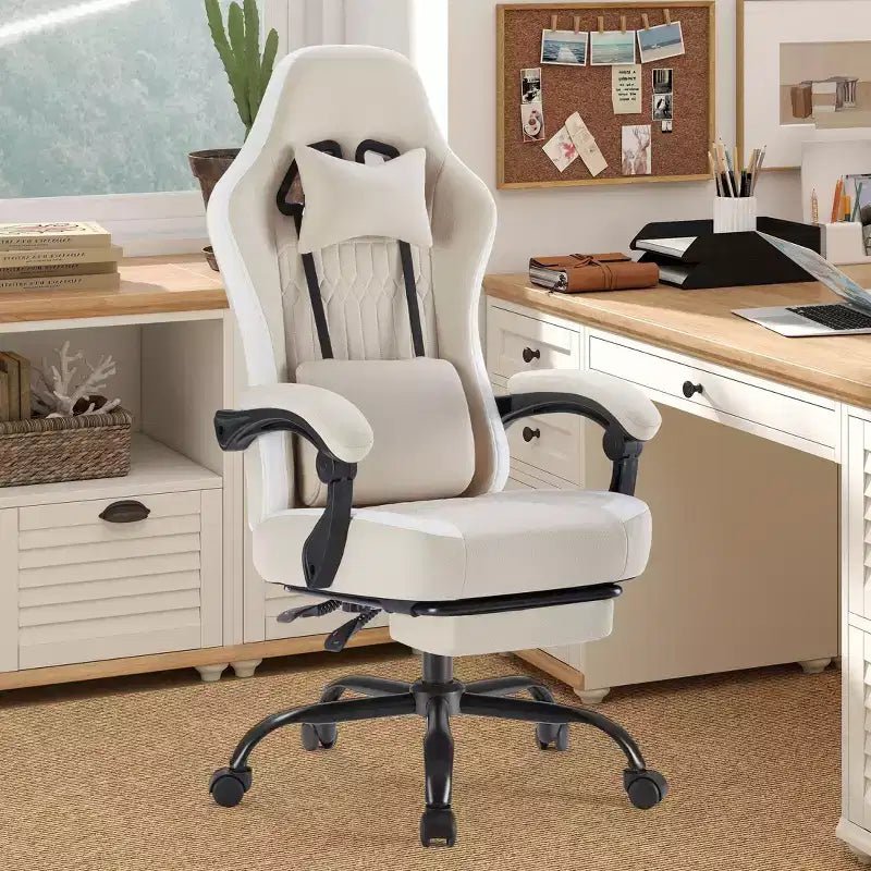 TUYOHW Fauteuil de bureau en microfibre pivotant à roulettes, avec appui-tête et coussin lombaire amovibles, chaise de jeu pour bureau