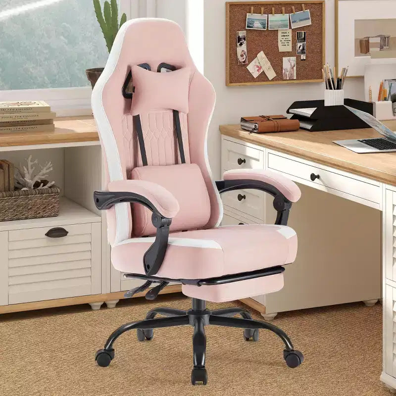 TUYOHW Fauteuil de bureau en microfibre pivotant à roulettes, avec appui-tête et coussin lombaire amovibles, chaise de jeu pour bureau