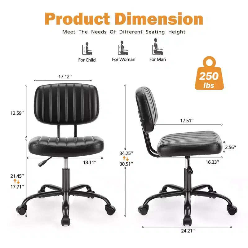 Chaise pivotante TUYOHW en cuir PU avec roulettes, Chaise de bureau sans accoudoirs avec hauteur réglable et soutien lombaire, Chaise de gaming pour le bureau