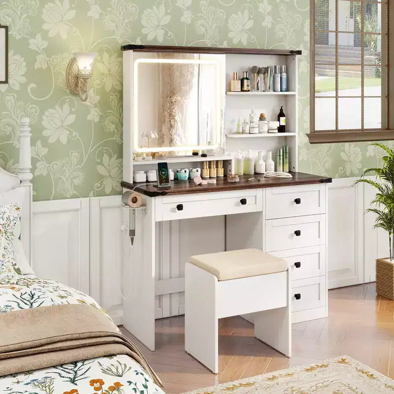Costway Ensemble Coiffeuse de Ferme avec Miroir et Lumières, Table de Maquillage et Chaise