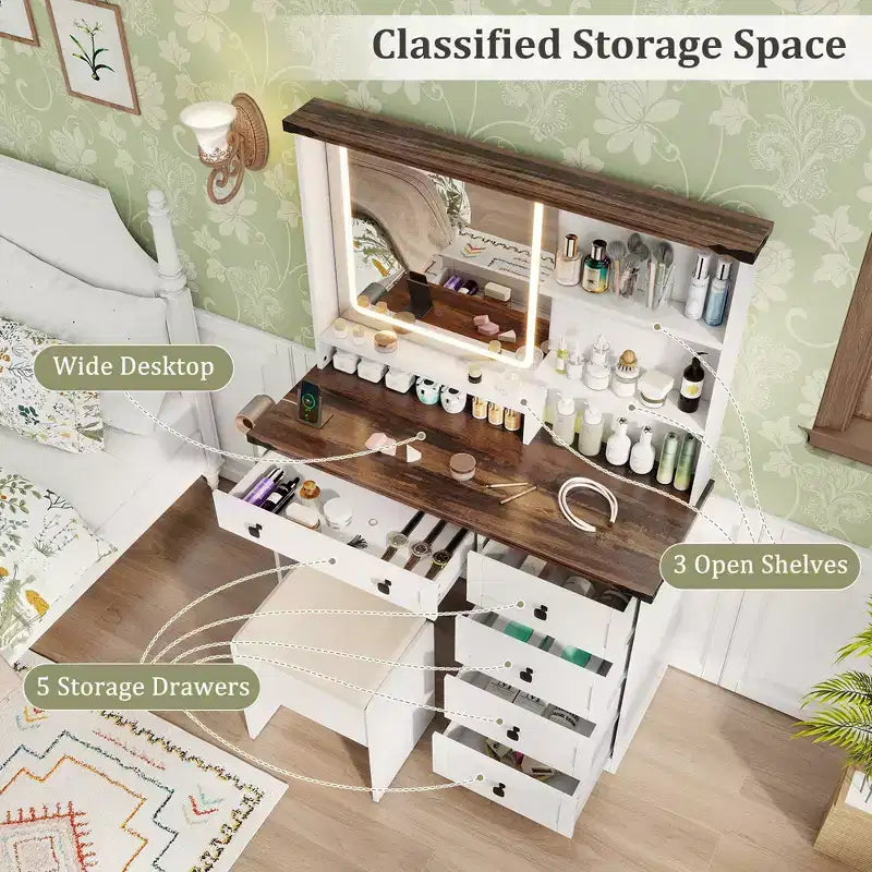 Costway Ensemble Coiffeuse de Ferme avec Miroir et Lumières, Table de Maquillage et Chaise