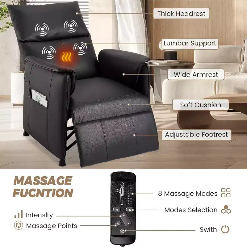 Fauteuil inclinable électrique avec massage et chauffage, fauteuil inclinable simple réglable en cuir PU avec télécommande pour salon, fauteuil de cinéma maison