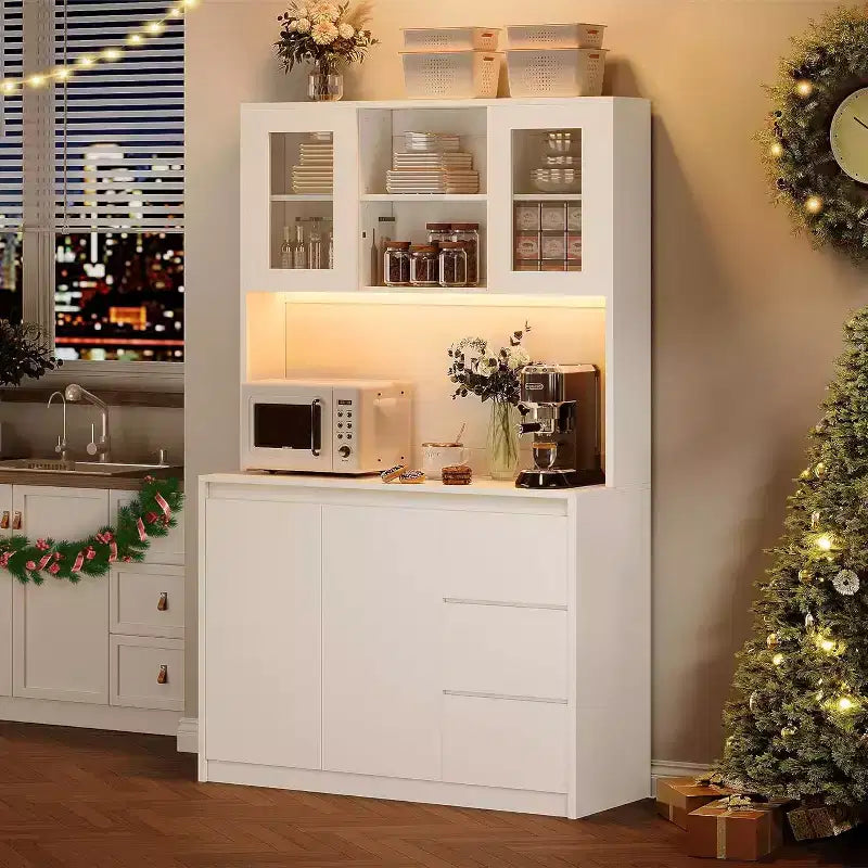Meuble de cuisine de 180 cm de haut, armoire de rangement de cuisine avec lumières LED et prises de courant, support pour micro-ondes, porte vitrée, étagères réglables, design sans poignée
