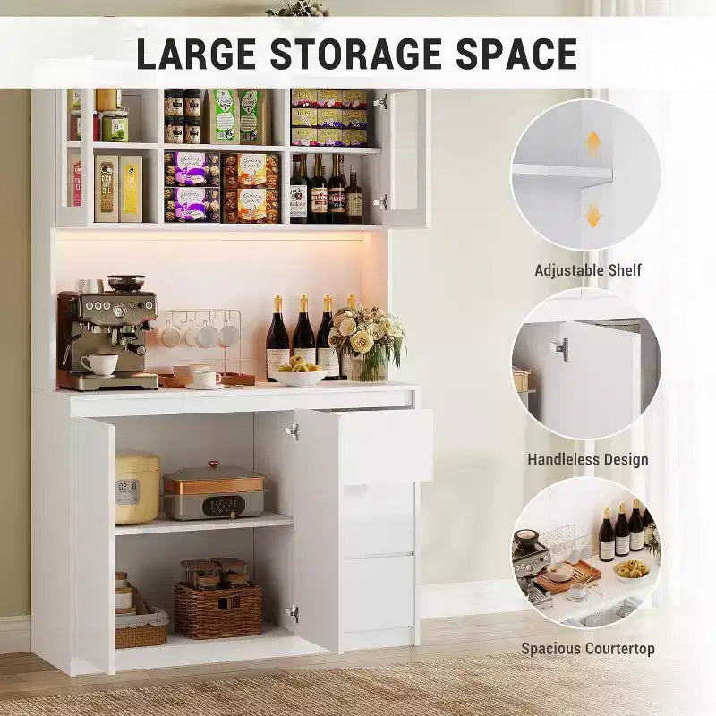 Meuble de cuisine de 180 cm de haut, armoire de rangement de cuisine avec lumières LED et prises de courant, support pour micro-ondes, porte vitrée, étagères réglables, design sans poignée
