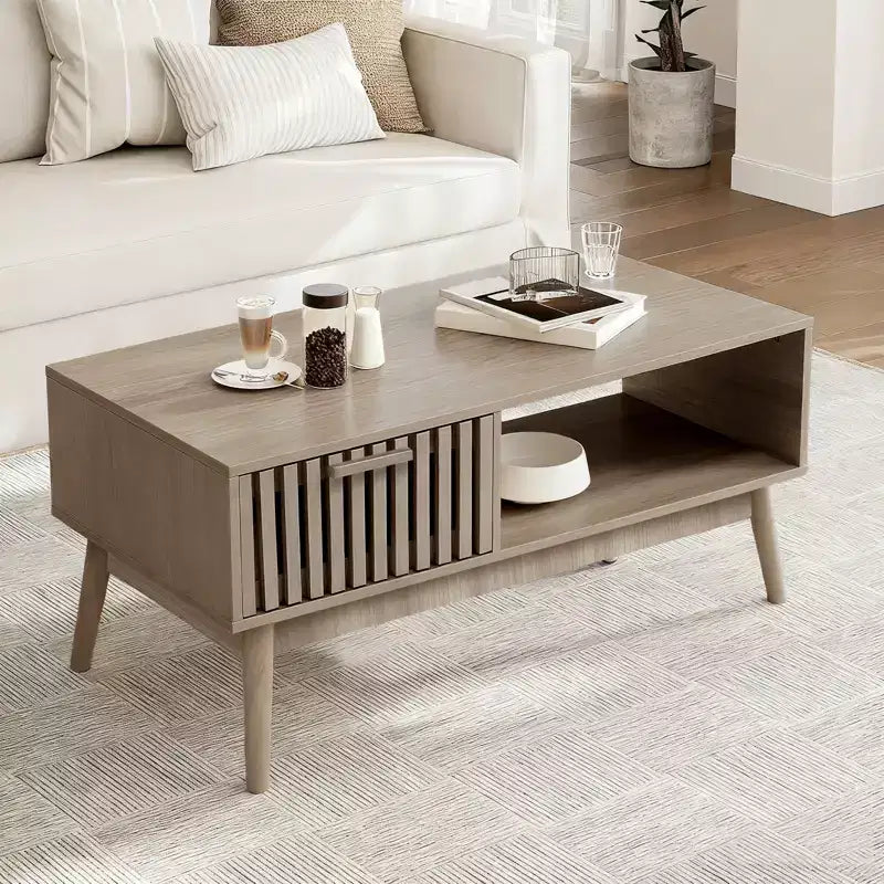 Coffee Table with Storage, 39 Mid Century Modern Fluted Center Tables with Drawer, Open Shelf & Study Wood Legs, 2-Tiers for Living Room Bedroom