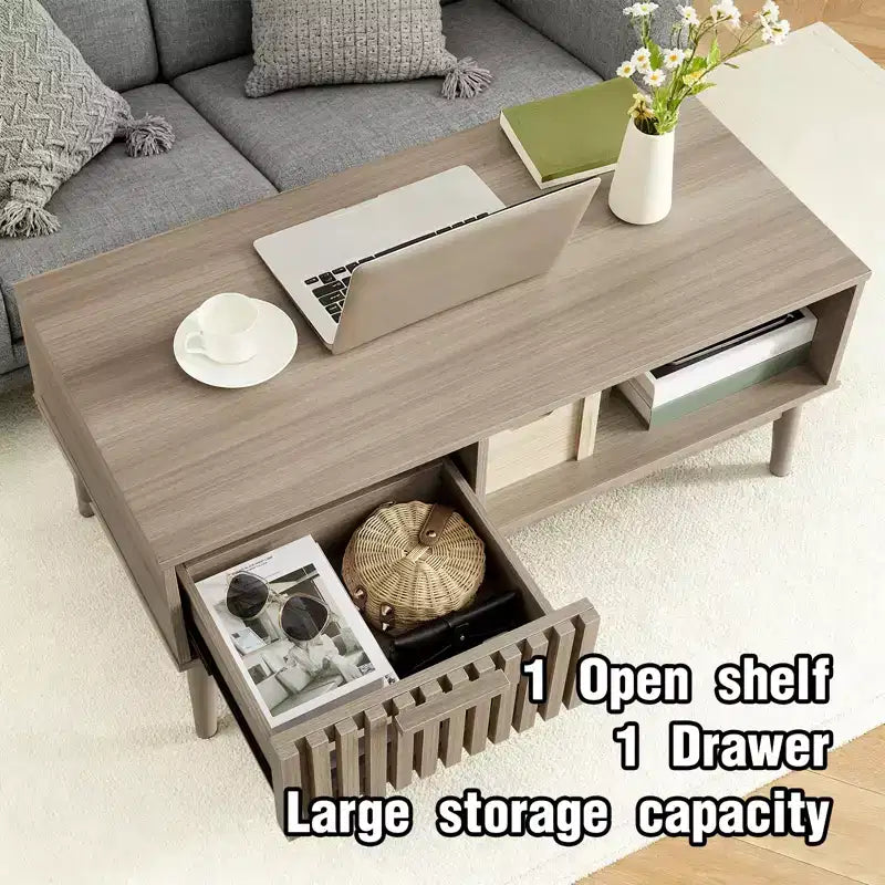 Table basse avec rangement, 39 tables centrales cannelées de style Mid-Century avec tiroir, étagère ouverte et pieds en bois robustes, 2 niveaux pour salon ou chambre