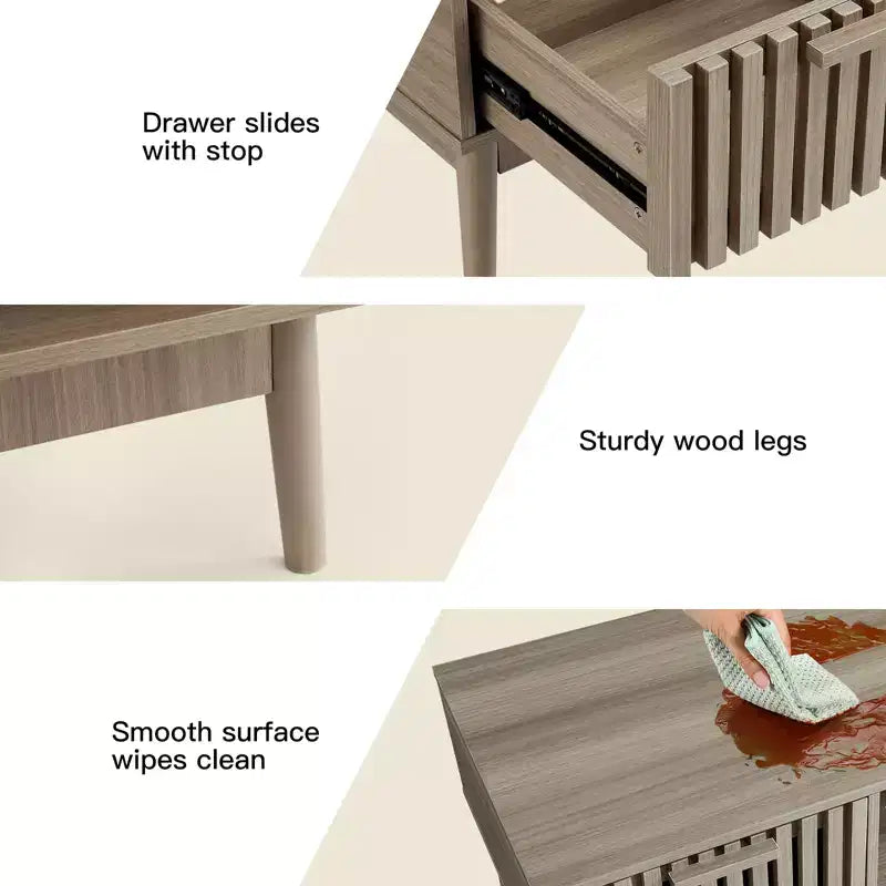 Table basse avec rangement, 39 tables centrales cannelées de style Mid-Century avec tiroir, étagère ouverte et pieds en bois robustes, 2 niveaux pour salon ou chambre