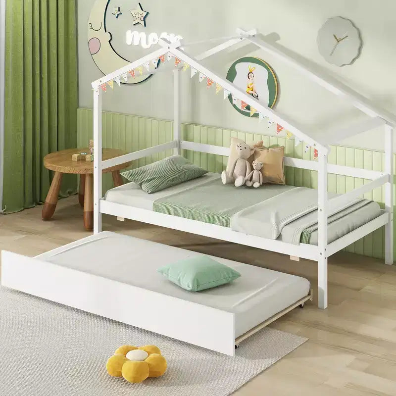Lit cabane double Costway avec lit gigogne, toit et barrières, cadre de lit plateforme en bois