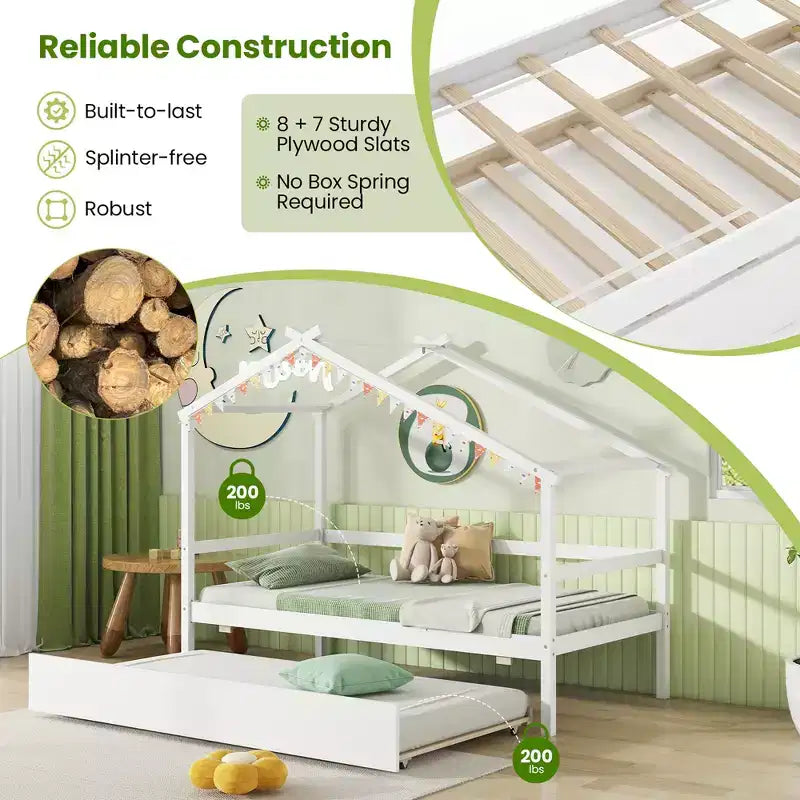 Lit cabane double Costway avec lit gigogne, toit et barrières, cadre de lit plateforme en bois