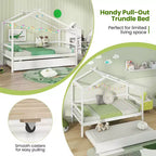 Lit cabane double Costway avec lit gigogne, toit et barrières, cadre de lit plateforme en bois