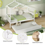 Lit cabane double Costway avec lit gigogne, toit et barrières, cadre de lit plateforme en bois