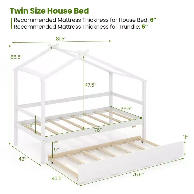 Lit cabane double Costway avec lit gigogne, toit et barrières, cadre de lit plateforme en bois