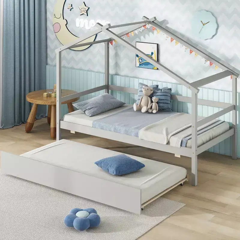 Lit cabane double Costway avec lit gigogne, toit et barrières, cadre de lit plateforme en bois