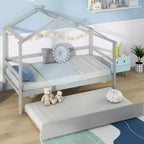 Lit cabane double Costway avec lit gigogne, toit et barrières, cadre de lit plateforme en bois