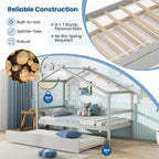 Lit cabane double Costway avec lit gigogne, toit et barrières, cadre de lit plateforme en bois