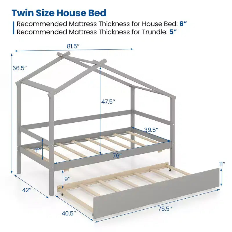 Lit cabane double Costway avec lit gigogne, toit et barrières, cadre de lit plateforme en bois
