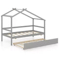 Costway Twin House Bed w/ Trundle w/ Roof & Fence Rails Wooden Platform Bed Frame