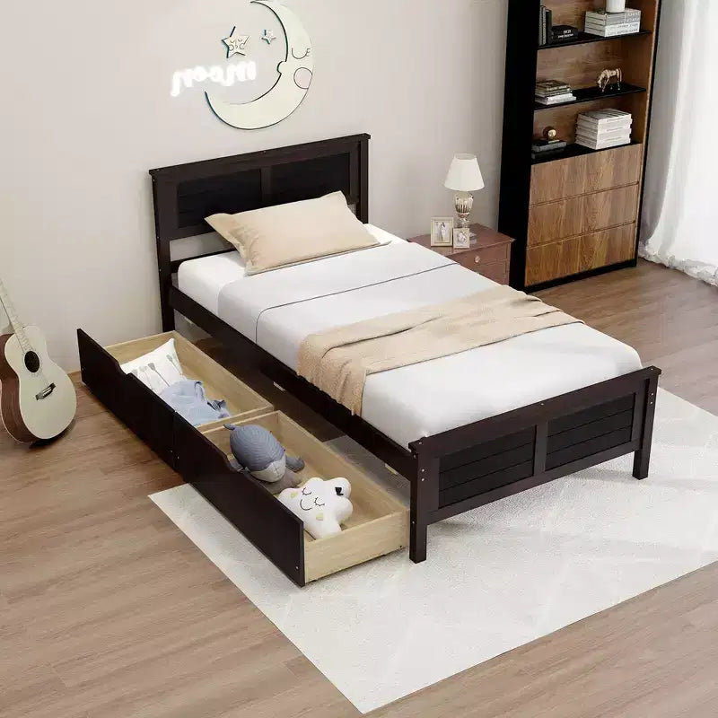 Cadre de lit double en bois Costway avec 2 tiroirs de rangement et rangement sous le lit Espresso