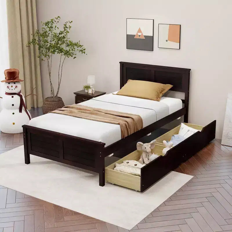 Cadre de lit double en bois Costway avec 2 tiroirs de rangement et rangement sous le lit Espresso