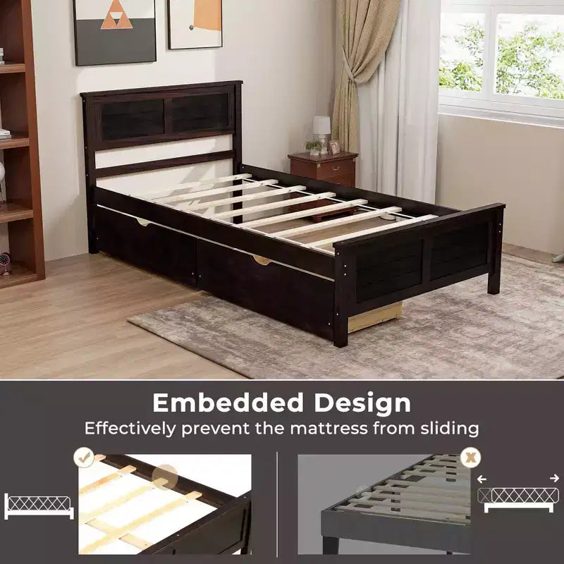 Cadre de lit double en bois Costway avec 2 tiroirs de rangement et rangement sous le lit Espresso