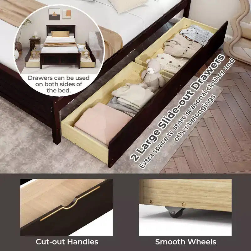 Cadre de lit double en bois Costway avec 2 tiroirs de rangement et rangement sous le lit Espresso