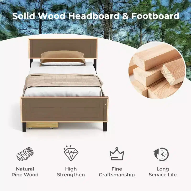 Cadre de lit double en bois Costway avec 2 tiroirs de rangement et rangement sous le lit Espresso