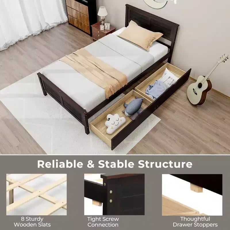 Cadre de lit double en bois Costway avec 2 tiroirs de rangement et rangement sous le lit Espresso