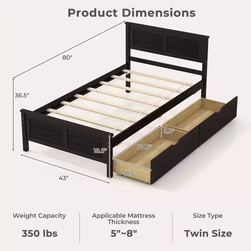 Cadre de lit double en bois Costway avec 2 tiroirs de rangement et rangement sous le lit Espresso