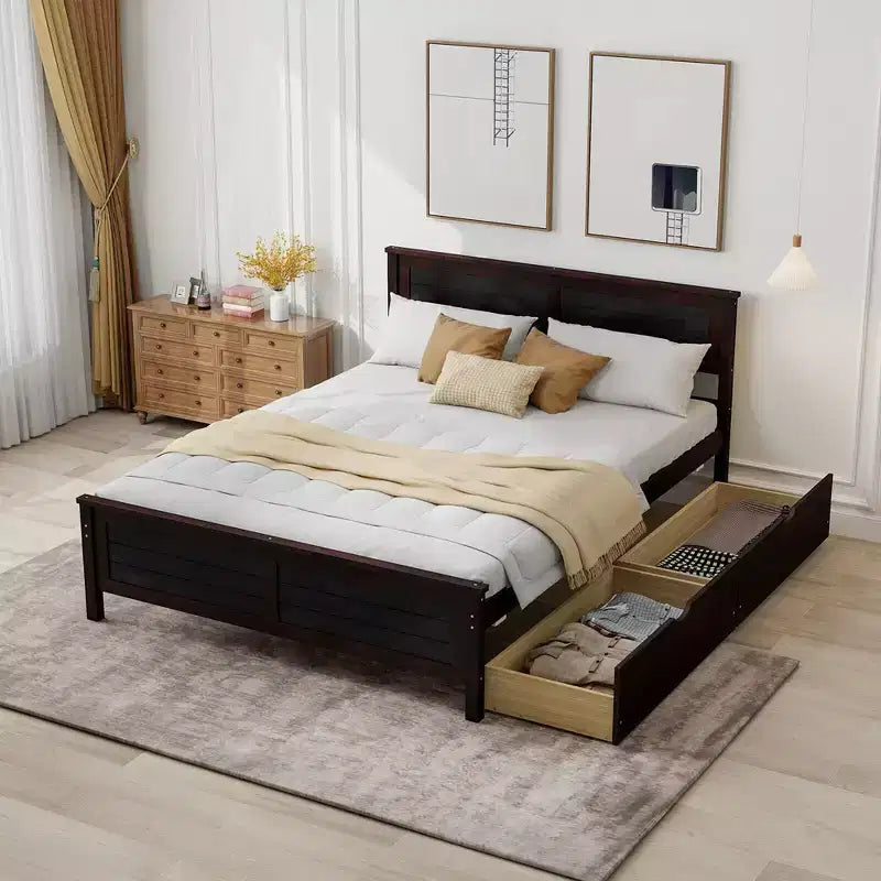 Cadre de lit double en bois Costway avec 2 tiroirs de rangement et rangement sous le lit Espresso