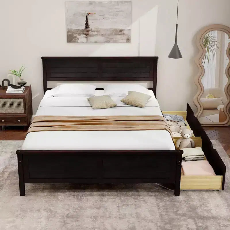 Cadre de lit double en bois Costway avec 2 tiroirs de rangement et rangement sous le lit Espresso