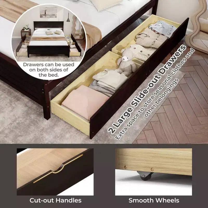 Cadre de lit double en bois Costway avec 2 tiroirs de rangement et rangement sous le lit Espresso
