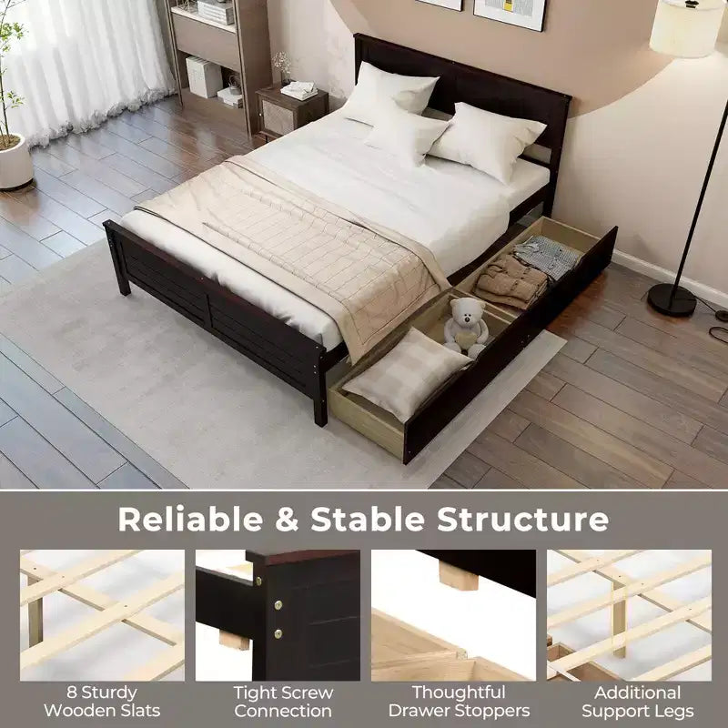Cadre de lit double en bois Costway avec 2 tiroirs de rangement et rangement sous le lit Espresso