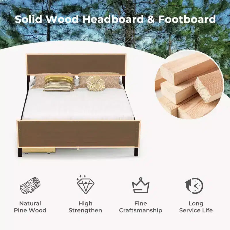 Cadre de lit double en bois Costway avec 2 tiroirs de rangement et rangement sous le lit Espresso
