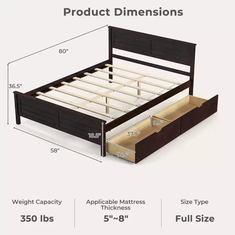 Cadre de lit double en bois Costway avec 2 tiroirs de rangement et rangement sous le lit Espresso