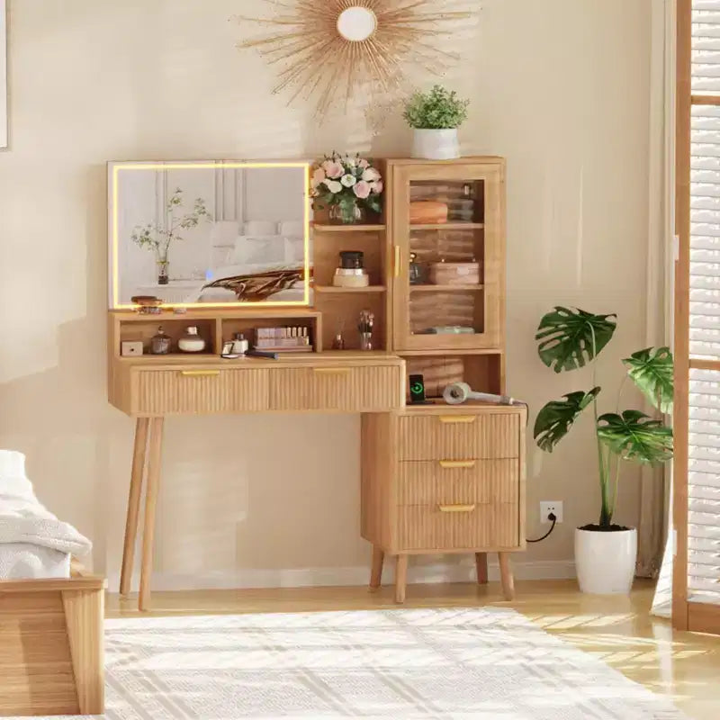 Coiffeuse de Maquillage avec Lumières et Prise de Courant, Grande Coiffeuse Moderne Cannelée avec Miroir Lumineux HD de 24 pouces, 5 Tiroirs et Étagère de Rangement