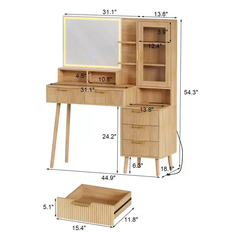 Coiffeuse de Maquillage avec Lumières et Prise de Courant, Grande Coiffeuse Moderne Cannelée avec Miroir Lumineux HD de 24 pouces, 5 Tiroirs et Étagère de Rangement