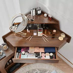 Coiffeuse d'Angle avec Miroir, Ensemble Moderne de Coiffeuse de Maquillage avec Tabouret et Armoire, Table de Maquillage en Bois avec Tiroirs pour Chambre à Coucher et Salle de Bain