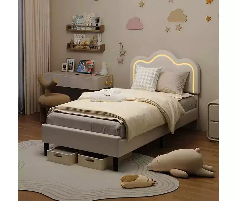 Cadre de lit double rembourré avec tête de lit réglable, cadre de lit plateforme en velours pour enfants/filles, lattes de bois, assemblage facile