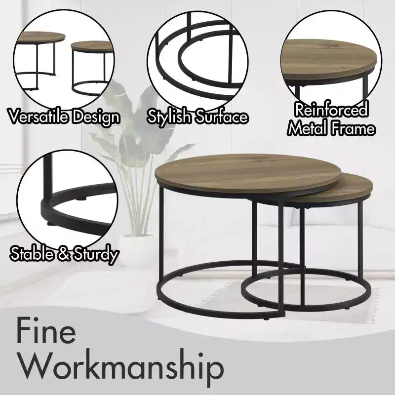 Tables basses gigognes (lot de 2), tables basses rondes de 70 cm avec plateau en motif marbre et cadre métallique robuste, tables d'appoint