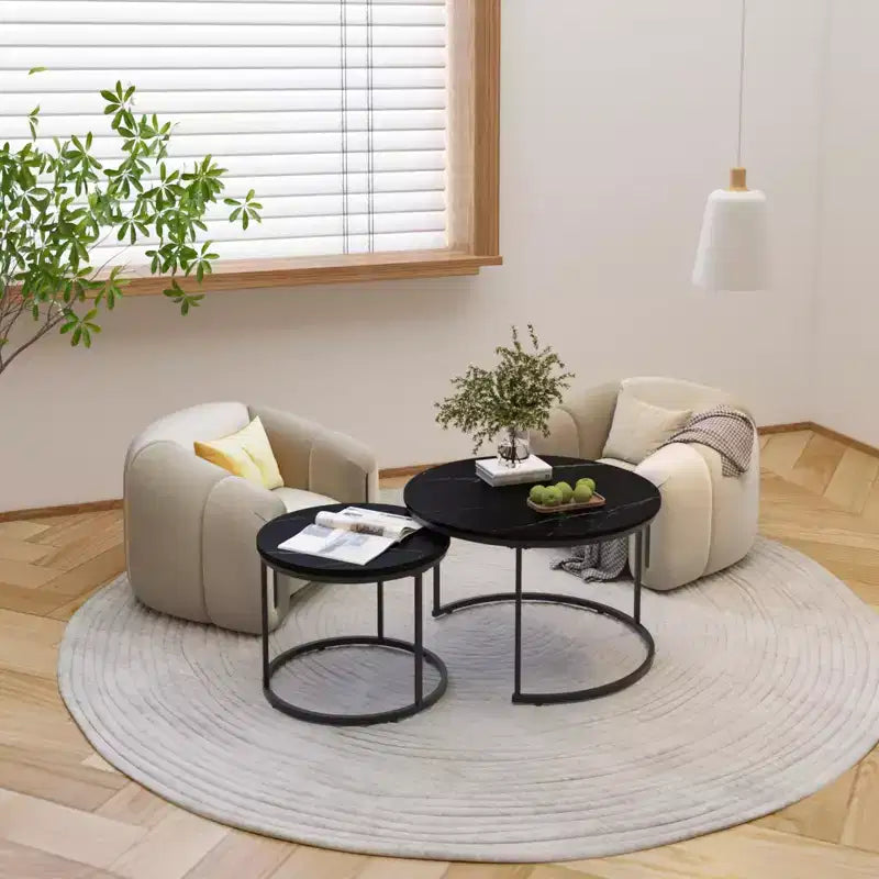 Tables basses gigognes (lot de 2), tables basses rondes de 70 cm avec plateau en motif marbre et cadre métallique robuste, tables d'appoint