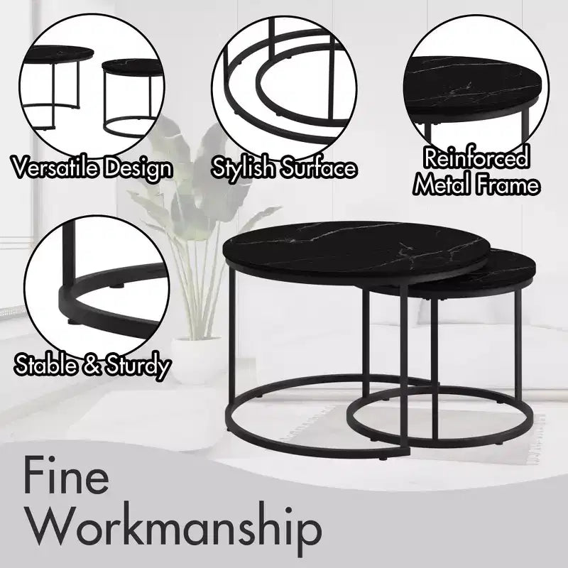 Tables basses gigognes (lot de 2), tables basses rondes de 70 cm avec plateau en motif marbre et cadre métallique robuste, tables d'appoint