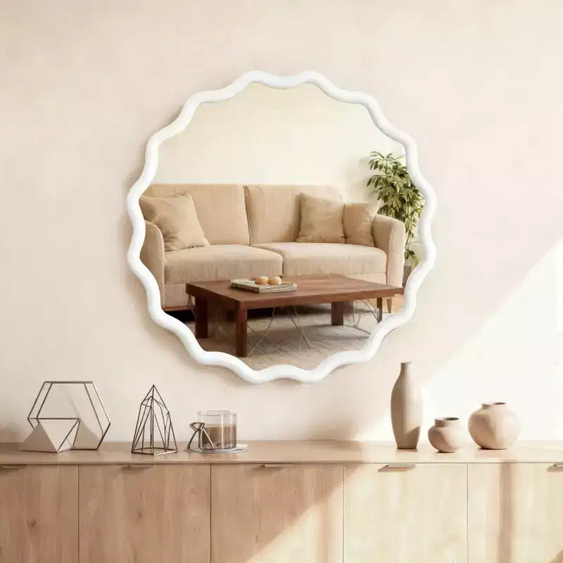 Miroir décoratif rond ondulé Whisen 30, cadre en bois massif, entrée