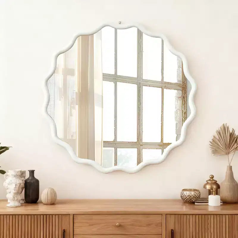 Miroir décoratif rond ondulé Whisen 30, cadre en bois massif, entrée