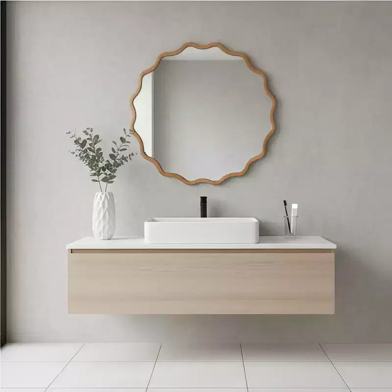 Miroir décoratif rond ondulé Whisen 30, cadre en bois massif, entrée