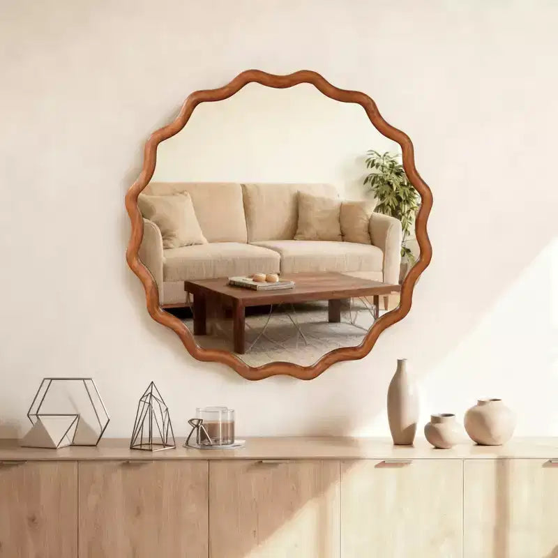 Miroir décoratif rond ondulé Whisen 30, cadre en bois massif, entrée